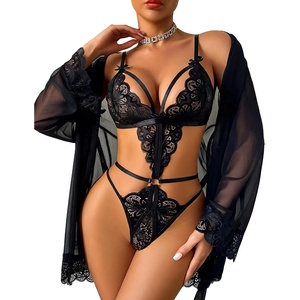 Women Sexy Lingerie Set 2 Piece Lace Teddy Bodysuit with Mesh Kimono Robe | Deep V Neck, Adjustable Straps, Sheer Babydoll, Wedding, Honeymoon, S-XXL(Black)