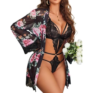 Women Sexy Lingerie Set 2 Piece Lace Teddy Bodysuit with Mesh Kimono Robe | Deep V Neck, Adjustable Straps, Sheer Babydoll, Wedding, Honeymoon, S-XXL(Black Floral)