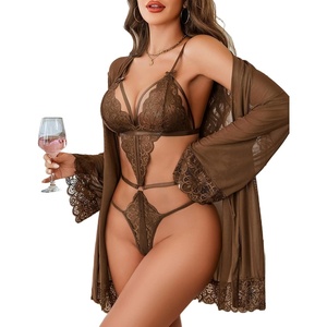 Women Sexy Lingerie Set 2 Piece Lace Teddy Bodysuit with Mesh Kimono Robe | Deep V Neck, Adjustable Straps, Sheer Babydoll, Wedding, Honeymoon, S-XXL(Brown)
