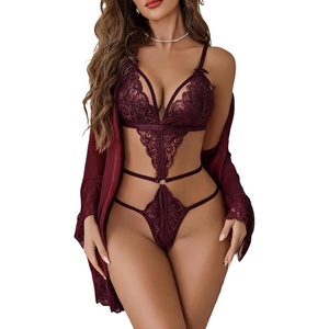 Women Sexy Lingerie Set 2 Piece Lace Teddy Bodysuit with Mesh Kimono Robe | Deep V Neck, Adjustable Straps, Sheer Babydoll, Wedding, Honeymoon, S-XXL(Burgundy)