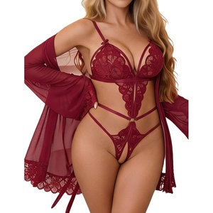 Women Sexy Lingerie Set 2 Piece Lace Teddy Bodysuit with Mesh Kimono Robe | Deep V Neck, Adjustable Straps, Sheer Babydoll, Wedding, Honeymoon, S-XXL(Dark Red)