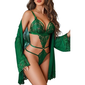 Women Sexy Lingerie Set 2 Piece Lace Teddy Bodysuit with Mesh Kimono Robe | Deep V Neck, Adjustable Straps, Sheer Babydoll, Wedding, Honeymoon, S-XXL(Green)