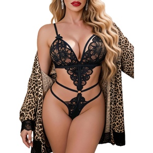 Women Sexy Lingerie Set 2 Piece Lace Teddy Bodysuit with Mesh Kimono Robe | Deep V Neck, Adjustable Straps, Sheer Babydoll, Wedding, Honeymoon, S-XXL(Leopard)