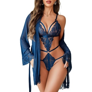 Women Sexy Lingerie Set 2 Piece Lace Teddy Bodysuit with Mesh Kimono Robe | Deep V Neck, Adjustable Straps, Sheer Babydoll, Wedding, Honeymoon, S-XXL(Navy Blue)