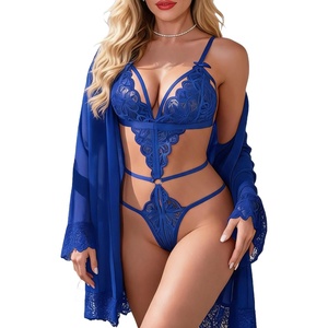 Women Sexy Lingerie Set 2 Piece Lace Teddy Bodysuit with Mesh Kimono Robe | Deep V Neck, Adjustable Straps, Sheer Babydoll, Wedding, Honeymoon, S-XXL(Royal Blue)