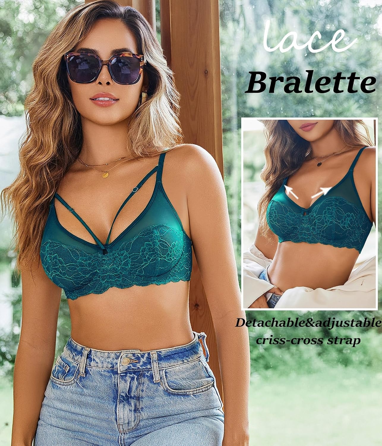 image:imageAvidlove Bralettes for Women Underwire Lace Crossover TShirt Bra Lingerie Bras for Women Sexy Bra Mesh Bra Sheer Bra Everyday Bras Deep V Bra Corset Bra Unlined Bra Comfortable BraBlue Green