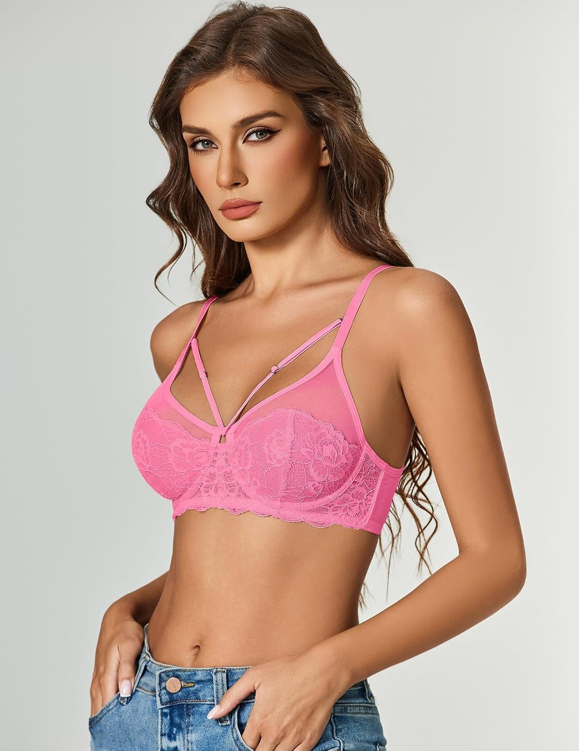 image:imageAvidlove Bralettes for Women Underwire Lace Crossover TShirt Bra Lingerie Bras for Women Sexy Bra Mesh Bra Sheer Bra Everyday Bras Deep V Bra Corset Bra Unlined Bra Comfortable BraPink