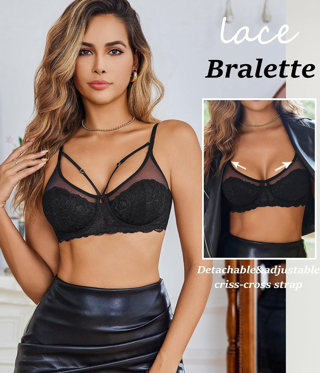 image:imageAvidlove Bralettes for Women Underwire Lace Crossover TShirt Bra Lingerie Bras for Women Sexy Bra Mesh Bra Sheer Bra Everyday Bras Deep V Bra Corset Bra Unlined Bra Comfortable BraBlack