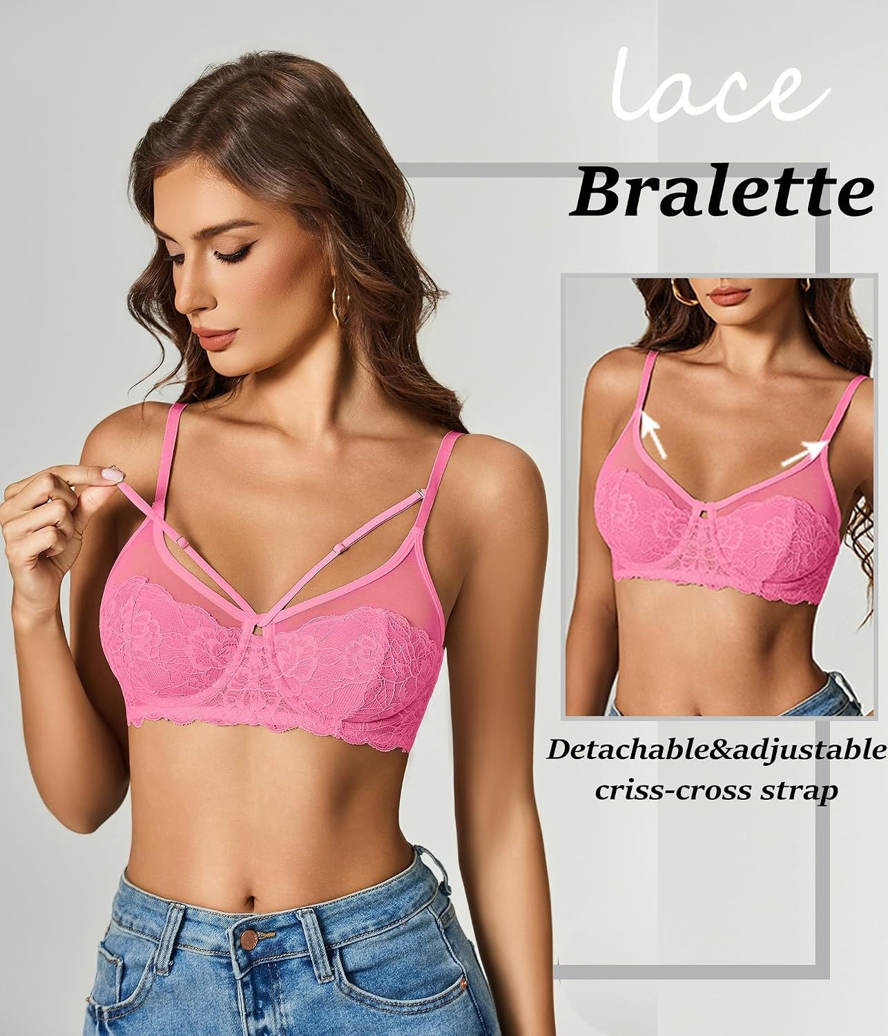 image:imageAvidlove Bralettes for Women Underwire Lace Crossover TShirt Bra Lingerie Bras for Women Sexy Bra Mesh Bra Sheer Bra Everyday Bras Deep V Bra Corset Bra Unlined Bra Comfortable BraPink