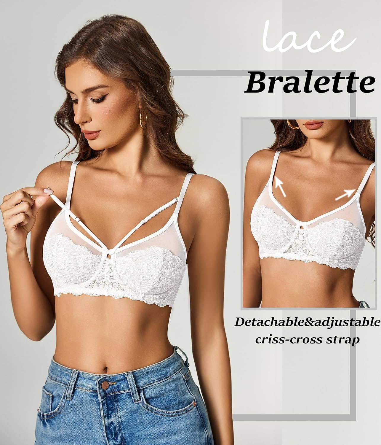 image:imageAvidlove Bralettes for Women Underwire Lace Crossover TShirt Bra Lingerie Bras for Women Sexy Bra Mesh Bra Sheer Bra Everyday Bras Deep V Bra Corset Bra Unlined Bra Comfortable BraWhite