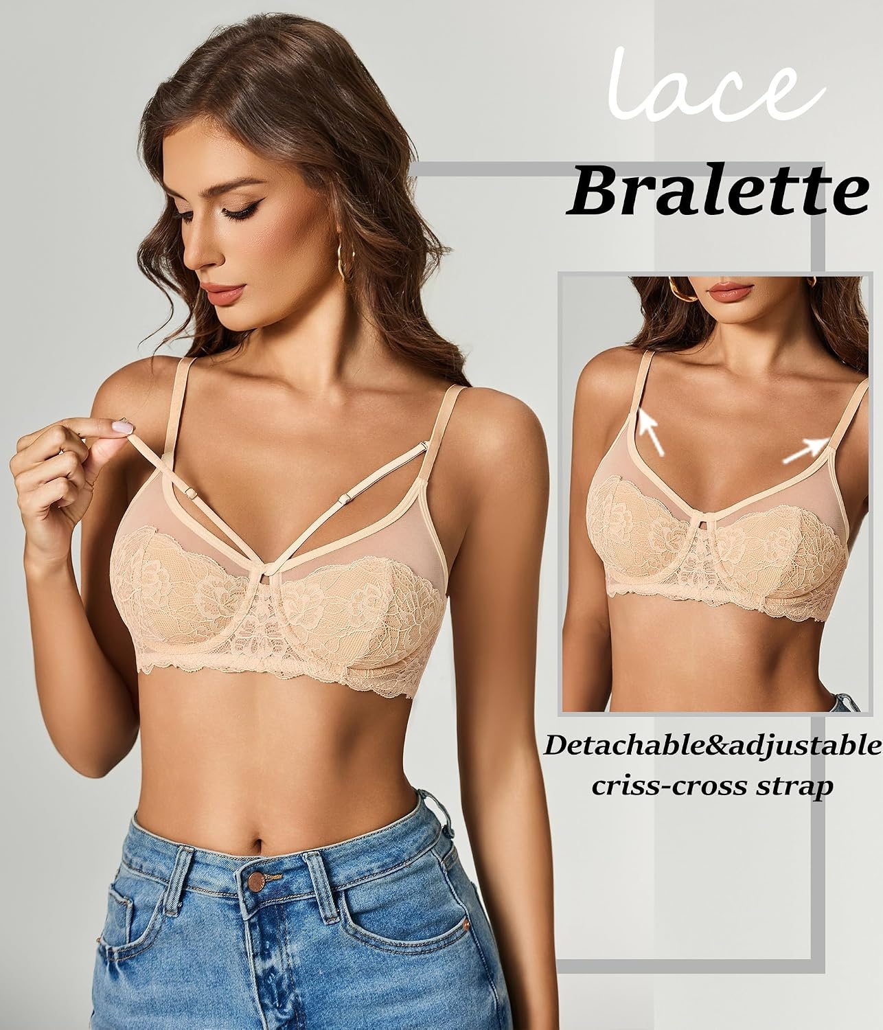 image:imageAvidlove Bralettes for Women Underwire Lace Crossover TShirt Bra Lingerie Bras for Women Sexy Bra Mesh Bra Sheer Bra Everyday Bras Deep V Bra Corset Bra Unlined Bra Comfortable BraChampagne