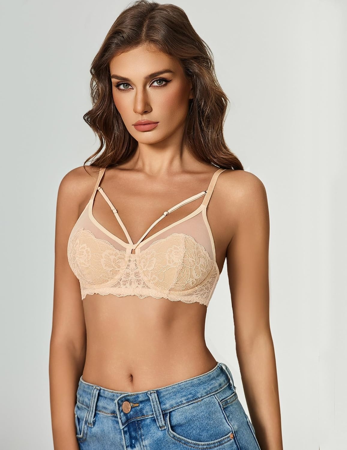 image:imageAvidlove Bralettes for Women Underwire Lace Crossover TShirt Bra Lingerie Bras for Women Sexy Bra Mesh Bra Sheer Bra Everyday Bras Deep V Bra Corset Bra Unlined Bra Comfortable BraChampagne